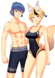 Rule 34 | 1boy, 1girl, absurdres, alternate costume, animal ear fluff, animal ears, black one-piece swimsuit, blonde hair, blue hair, blue jammers, blue male swimwear, brown hair, commission, commissioner upload, competition swimsuit, couple, fire emblem, fire emblem fates, fox ears, fox girl, fox tail, hair ornament, hand on another&#039;s hip, highres, igni tion, jammers, kiragi (fire emblem), looking at viewer, male swimwear, multicolored one-piece swimsuit, nintendo, one-piece swimsuit, orange one-piece swimsuit, selkie (fire emblem), simple background, smile, swimsuit, tail, toned, toned male