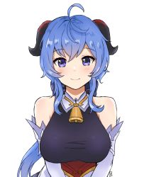 Rule 34 | 1girl, bell, blue eyes, blue hair, breasts, cowbell, cowlick, detached sleeves, ganyu (genshin impact), genshin impact, highres, horns, kato yuurina, looking at viewer, medium breasts, neck bell, portrait, smile, solo, white background
