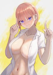Rule 34 | 1girl, areola slip, blue eyes, breasts, cleavage, closed mouth, collared shirt, commentary request, dress shirt, go-toubun no hanayome, gomashiwo o, hair between eyes, index fingers raised, large breasts, looking at viewer, nakano ichika, naked shirt, navel, no bra, open clothes, open shirt, out-of-frame censoring, pink hair, shirt, short hair, short sleeves, smile, solo, stomach, white shirt