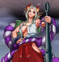 1girl absurdres breasts chain flarefox hair_ornament hairclip highres horns japanese_clothes kimono looking_at_viewer muscular muscular_female one_piece original weapon yamato_(one_piece)