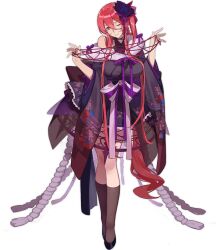 Rule 34 | 1girl, ark order, black footwear, black kimono, black socks, bow, cat&#039;s cradle, detached sleeves, flower, full body, fur collar, hair between eyes, hair flower, hair ornament, high heels, japanese clothes, jorougumo (ark order), kimono, long hair, long sleeves, obi, official art, one eye closed, parted lips, purple bow, purple flower, purple rose, purple sash, red cucumber, red hair, rose, sash, shoes, side ponytail, sidelocks, single bare shoulder, single detached sleeve, smile, socks, solo, striped bow, tachi-e, transparent background, variant set, very long hair, white bow, wide sleeves, yellow eyes