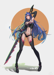 Rule 34 | 10s, 1girl, absurdres, armpits, black gloves, black thighhighs, breasts, cleavage, elbow gloves, full body, gloves, hair between eyes, highres, holding, holding weapon, iris heart, kami jigen game neptune v, lips, long hair, long legs, looking at viewer, navel, neptune (series), pink eyes, purple hair, pururut, realistic, revealing clothes, shadow, simple background, solo, standing, sword, thighhighs, weapon, yoyoo