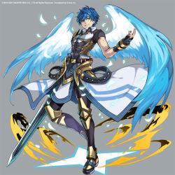 Rule 34 | 1boy, armor, blue hair, falling feathers, fayt leingod, feathers, fingerless gloves, gloves, glowing, glowing feather, glowing wings, green eyes, grey background, grin, holding, holding sword, holding weapon, looking at viewer, male focus, official alternate costume, official art, pokimari, short hair, short sleeves, simple background, skin tight, smile, standing, standing on one leg, star ocean, star ocean anamnesis, star ocean till the end of time, sword, weapon, wings