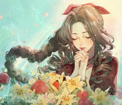 Rule 34 | 1girl, absurdres, aerith gainsborough, bracelet, braid, braided ponytail, brown hair, closed eyes, commentary, drill hair, eyelashes, final fantasy, final fantasy vii, floating hair, flower, forehead, hair ribbon, highres, jacket, jewelry, lifestream, lips, lipstick, long hair, makeup, necklace, own hands clasped, own hands together, parted bangs, parted lips, praying, red jacket, red ribbon, ribbon, short sleeves, side drill, simite, smile, solo, square enix, twin drills, upper body