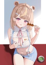 1girl absurdres ahoge animal_ears ara1e bare_shoulders bear_ears blonde_hair bow breasts brown_hair cleavage_cutout clothing_cutout cup dango dripping fish_hair_ornament food food_on_body food_on_breasts hair_bow hair_ornament highres large_breasts looking_at_viewer medium_hair nail_polish open_mouth original sitting skirt smile solo tea teacup unbuttoned wagashi