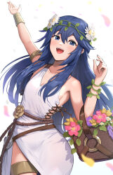 Rule 34 | 1girl, :d, arm up, armlet, bare shoulders, basket, blue eyes, blue hair, bracelet, breasts, cleavage, collarbone, dress, fire emblem, fire emblem awakening, fire emblem heroes, flower, flower basket, gonzarez, hair between eyes, hair flower, hair ornament, highres, holding, holding basket, jewelry, long hair, looking at viewer, lucina (fire emblem), lucina (valentine) (fire emblem), nintendo, official alternate costume, open mouth, petals, sleeveless, sleeveless dress, small breasts, smile, solo, symbol in eye, teeth, thighlet, twitter username, upper teeth only, white background, white dress