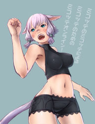 Rule 34 | 10s, 1girl, animal ears, armpits, bad id, bad pixiv id, blue eyes, breasts, cat ears, cat girl, cat tail, clenched hand, covered erect nipples, facial mark, female focus, final fantasy, final fantasy xiv, from below, halterneck, large breasts, midriff, miqo&#039;te, nucomas, open mouth, short hair, simple background, solo, tail, text focus, translated, underwear