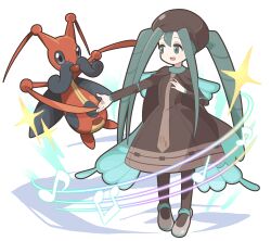 Rule 34 | 1girl, absurdres, animal print, aqua eyes, aqua hair, brown dress, brown headwear, bug miku (project voltage), butterfly print, creatures (company), dress, eyeshadow, game freak, gen 4 pokemon, hair through headwear, hatsune miku, highres, kricketune, long hair, long sleeves, makeup, musical note, necktie, nintendo, open mouth, pokemon, pokemon (creature), poyo party, project voltage, sidelocks, simple background, sparkle, twintails, very long hair, vocaloid, white background