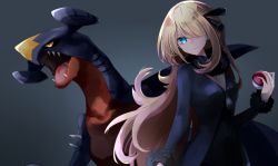 Rule 34 | 1girl, a.a (aa772), bad id, bad pixiv id, black jacket, blonde hair, blue eyes, breasts, closed mouth, commentary request, creatures (company), cynthia (pokemon), eyebrows hidden by hair, fur-trimmed sleeves, fur collar, fur trim, game freak, garchomp, gen 4 pokemon, grey background, hair over one eye, highres, holding, holding poke ball, jacket, long hair, long sleeves, looking at viewer, nintendo, poke ball, poke ball (basic), pokemon, pokemon (creature), pokemon dppt, sharp teeth, simple background, small breasts, teeth, very long hair