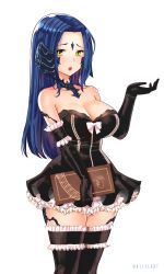 Rule 34 | 1girl, absurdres, au ra, warrior of light (ff14), bare shoulders, black gloves, black thighhighs, blue hair, blush, bow, breasts, cleavage, collarbone, elbow gloves, fictional persona, final fantasy, final fantasy xiv, frilled gloves, frilled thighhighs, frills, gloves, highres, holding, holding menu, horns, long hair, looking at viewer, menu, musical note, open mouth, simple background, solo, teeth, thighhighs, twitter username, uliel, upper teeth only, white background, white bow, yellow eyes
