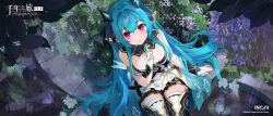 Rule 34 | 1girl, armlet, bare shoulders, black thighhighs, blue ribbon, blush, breasts, copyright name, copyright notice, cowboy shot, detached collar, dress, flower, flower bed, from above, gloves, green hair, hair between eyes, hair ribbon, hand up, headgear, highres, large breasts, leaf, logo, long hair, looking at viewer, looking up, millennium tour, official art, parted lips, pink eyes, pointy ears, purple flower, rain, ribbon, ritsu (millennium tour), short dress, sitting, solo, strapless, strapless dress, thighhighs, very long hair, white dress, white gloves, zettai ryouiki