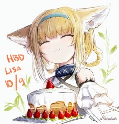 Rule 34 | 1girl, ^ ^, animal ear fluff, animal ears, arknights, bare shoulders, blonde hair, blue hairband, braid, braided hair rings, cake, closed eyes, closed mouth, commentary request, dated, facing viewer, food, fox ears, fruit, grey background, hair rings, hairband, happy birthday, highres, material growth, multicolored hair, oripathy lesion (arknights), shirt, signature, simple background, smile, solo, strawberry, streaked hair, suzuran (arknights), twin braids, upper body, white hair, white shirt, yukikochenk