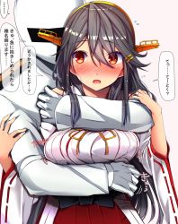 Rule 34 | 1girl, admiral (kancolle), bare shoulders, blush, breasts, brown eyes, detached sleeves, flying sweatdrops, gloves, grey hair, hair ornament, hairband, hairclip, haruna (kancolle), headgear, highres, hug, jacket, japanese clothes, jewelry, kantai collection, large breasts, long hair, looking at viewer, nontraditional miko, open mouth, ring, sweatdrop, tsukui kachou, wedding band