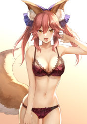 Rule 34 | 1girl, :d, animal ear fluff, animal ears, arm up, artist name, bow, bra, breasts, cleavage, collarbone, cowboy shot, fate/grand order, fate (series), female focus, fox ears, fox tail, hair between eyes, hair bow, highres, lace trim, lingerie, long hair, mashuu (neko no oyashiro), medium breasts, navel, open mouth, panties, pink bra, pink hair, pink panties, sidelocks, signature, smile, solo, tail, tamamo (fate), tamamo no mae (fate/extra), tongue, tongue out, tsurime, twintails, twitter username, underwear, underwear only, yellow eyes