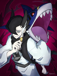 Rule 34 | 1boy, absurdres, aruke (gter7727), black hair, black sclera, blue eyes, coin, colored sclera, creatures (company), game freak, gen 3 pokemon, grimsley (pokemon), highres, holding, holding coin, japanese clothes, kimono, light smile, looking at viewer, male focus, multicolored hair, nintendo, open mouth, pokemon, pokemon (creature), pokemon sm, red background, scarf, sharp teeth, sharpedo, teeth, twitter username, two-tone hair, white hair