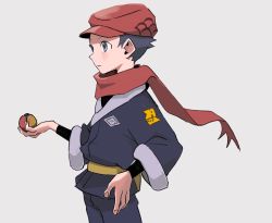 Rule 34 | 1boy, bad id, bad twitter id, black hair, black shirt, blush, closed mouth, commentary request, creatures (company), floating scarf, from side, game freak, grey eyes, grey jacket, grey pants, hat, highres, holding, holding poke ball, ivib, jacket, korean commentary, logo, male focus, nintendo, pants, poke ball, poke ball (legends), pokemon, pokemon legends: arceus, red hat, red scarf, rei (pokemon), scarf, shirt, short hair, solo