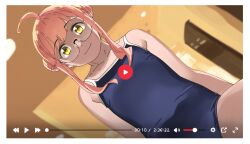 Rule 34 | 1girl, ahoge, alternate costume, alternate hairstyle, aqua-framed eyewear, blue one-piece swimsuit, competition school swimsuit, cowboy shot, double bun, dutch angle, fake play button, fake screenshot, fake video, flat chest, glasses, hair bun, highres, kantai collection, livestream, long hair, looking at viewer, makigumo (kancolle), ojipon, one-piece swimsuit, pink hair, school swimsuit, solo, swimsuit, yellow eyes