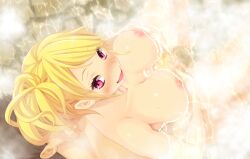 Rule 34 | 1girl, blonde hair, blush, breasts, censored, completely nude, embarrassed, enkou jk to sapo oji-san ~love pako houkago bukatsudou~, erectlip, from above, game cg, large breasts, legs, looking back, megumi yakiniku, mosaic censoring, nipples, nude, onsen, open mouth, original, partially submerged, pink eyes, reona (enkou jk to sapo oji-san), reverse upright straddle, sex, sex from behind, side ponytail, sitting, steam, thighs, vaginal, water, wet