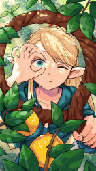 Rule 34 | 1girl, ;3, blonde hair, blue capelet, blue robe, braid, capelet, dungeon meshi, elf, green eyes, holding, holding staff, looking at viewer, marcille donato, one eye closed, phoen, plant, pointy ears, robe, solo, staff
