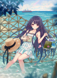Rule 34 | 1girl, bare arms, bare shoulders, beach, black bow, blurry, blurry foreground, blush, book, bow, closed mouth, cloud, cloudy sky, commentary, day, depth of field, dress, fingernails, hair bow, hair ornament, hairclip, hammock, hat, hat bow, unworn hat, unworn headwear, highres, horizon, knees together feet apart, long hair, looking at viewer, ocean, open book, original, outdoors, pleated dress, purple eyes, purple hair, red bow, sand, ship, sky, sleeveless, sleeveless dress, smile, soaking feet, solo, very long hair, water, watercraft, white dress, yuuki rika