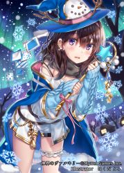 Rule 34 | 1girl, aurora, bare tree, blue cape, blue hat, blush, building, cape, dutch angle, earrings, glint, gold trim, hair between eyes, hakuda tofu, hat, highres, jewelry, leaning forward, long hair, looking at viewer, night, night sky, official art, outdoors, purple eyes, shinkai no valkyrie, short shorts, shorts, sky, sleeves past wrists, snowflakes, snowing, solo, standing, star (symbol), star earrings, sweatdrop, thigh strap, tree, wand, watermark, white shorts, winter