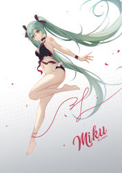 Rule 34 | 1girl, absurdres, ankle ribbon, aqua hair, arm tattoo, artist name, barefoot, bikini, black bikini, black bow, bow, breasts, character name, choker, floating, floating hair, frilled bikini, frills, full body, gradient background, green hair, green nails, grey background, hair ribbon, hatsune miku, highres, landing, leg ribbon, long hair, looking at viewer, looking to the side, multicolored nails, nail polish, navel, panpanmeiyou hp, petals, plantar flexion, red bow, red nails, ribbon, sideboob, smile, solo, striped, striped bow, swimsuit, tattoo, twintails, very long hair, vocaloid, wristband, yellow eyes