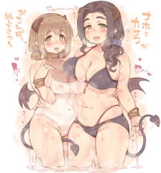 Rule 34 | 2girls, 7010, bare shoulders, bikini, black hair, black one-piece swimsuit, blush, bracelet, breasts, brown eyes, brown hair, cameltoe, cleavage, collarbone, covered erect nipples, demon girl, demon horns, demon tail, demon wings, ebihara naho, female pubic hair, flower, green eyes, hair between eyes, hair flower, hair ornament, hair over shoulder, halterneck, heart, highres, horns, idolmaster, idolmaster cinderella girls, jewelry, large breasts, looking at viewer, mimura kanako, multiple girls, nail polish, one-piece swimsuit, open mouth, plump, pointy ears, pubic hair, red nails, short hair, simple background, skindentation, smile, standing, steam, swimsuit, tail, tongue, tongue out, translation request, twintails, wet, white one-piece swimsuit, wings