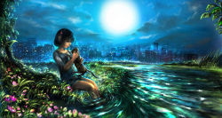 Rule 34 | 00, 1girl, animal, black hair, cat, city, city lights, cityscape, cloud, dark, dress, flower, full moon, grass, hair ornament, hairclip, highres, holding, holding animal, moon, mountain, night, original, partially submerged, headpat, profile, ripples, scenery, short hair, sitting, sky, smile, soaking feet, solo, tree, water, white dress