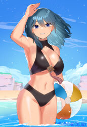 Rule 34 | 1girl, alternate costume, arm up, armpits, ball, bare arms, bare shoulders, beachball, bikini, black bikini, blue eyes, blue hair, blue sky, breasts, byleth (female) (fire emblem), byleth (fire emblem), chocojax, cleavage, cloud, commentary, day, fire emblem, fire emblem: three houses, grin, hair between eyes, highres, holding, holding ball, holding beachball, large breasts, long hair, looking at viewer, navel, nintendo, sky, smile, solo, stomach, swimsuit, thighs, underboob, wading, water
