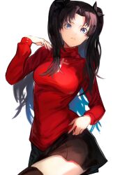 Rule 34 | 1girl, black hair, black ribbon, black skirt, black thighhighs, blue eyes, breasts, closed mouth, commentary, cross print, fate/stay night, fate (series), hair ribbon, hand up, highres, long hair, long sleeves, looking at viewer, nasubin (nasubisamurai15), pleated skirt, red sweater, ribbon, shadow, simple background, skirt, solo, sweater, thighhighs, tohsaka rin, turtleneck, turtleneck sweater, twintails, two side up, white background, zettai ryouiki