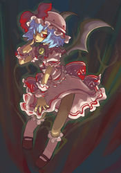 Rule 34 | 1girl, blue hair, female focus, full body, gradient background, hat, licking, remilia scarlet, ribbon, short hair, skirt, solo, super zombie, tongue, touhou, wings