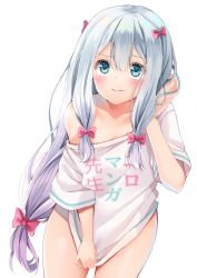 Rule 34 | 1girl, absurdres, blue eyes, bow, closed mouth, collarbone, copyright name, dutch angle, eromanga sensei, flat chest, floating hair, hair between eyes, hair bow, hand in own hair, highres, izumi sagiri, long hair, looking up, low-tied long hair, multiple hair bows, naked shirt, off shoulder, pink bow, print shirt, shirt, shirt tug, short sleeves, silver hair, simple background, solo, standing, very long hair, white background, white shirt, yoshida iyo