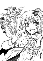 Rule 34 | 4girls, :d, ^ ^, closed eyes, female focus, flandre scarlet, greyscale, hair ornament, hairpin, hat, hong meiling, izayoi sakuya, looking at viewer, mini person, minigirl, mob cap, monochrome, multiple girls, open clothes, open mouth, parody, patchouli knowledge, remilia scarlet, rex, rex k, short hair, shugo chara!, simple background, smile, touhou, white background