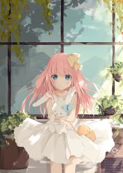 Rule 34 | 1girl, :o, animal ears, bag, bare arms, bare shoulders, blue eyes, blush, bow, collarbone, commentary request, dress, hair bow, highres, kushida you, long hair, hugging object, original, parted lips, pink hair, pleated dress, rabbit ears, shoulder bag, sleeveless, sleeveless dress, solo, standing, stuffed animal, stuffed rabbit, stuffed toy, very long hair, white dress, window, yellow bow