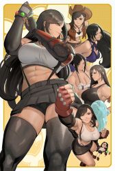 Rule 34 | abs, alternate hairstyle, alternate muscle size, arm guards, arm up, bike shorts, bikini, black gloves, black hair, black shirt, black thighhighs, breasts, cleavage, clenched hand, cowboy hat, cowgirl (western), dolphin, dress, elbow gloves, final fantasy, final fantasy vii, final fantasy vii advent children, final fantasy vii rebirth, final fantasy vii remake, gloves, grin, hat, highres, italian flag, large breasts, long hair, materia, miniskirt, multiple persona, muscular, muscular female, official alternate costume, one eye closed, pencil skirt, pleated skirt, purple dress, red eyes, shirt, skirt, smile, standing, swimsuit, tank top, thick thighs, thighhighs, thighs, tifa lockhart, tifa lockhart (cowgirl), tifa lockhart (refined dress), tifa lockhart (shining spirit), vest, white tank top, zukululuu