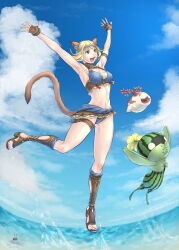 Rule 34 | 1girl, :3, :d, animal ear fluff, animal ears, arms up, adventurer (ff11), bikini, blonde hair, blue bikini, blue eyes, blue sky, breasts, brown footwear, brown gloves, brown tail, cactus41747280, cat ears, cat girl, cat tail, circlet, cleavage, cloud, crab, day, fang, final fantasy, final fantasy xi, full body, gloves, half gloves, highres, leech, leg up, mandragora (final fantasy), medium breasts, midriff, mithra (ff11), navel, no eyebrows, open mouth, outdoors, sandals, short hair, sky, smile, solo, swimsuit, tail, thigh strap, toenails, water