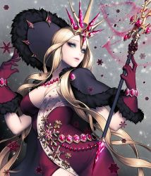 Rule 34 | 1girl, alternate costume, blonde hair, breasts, card (medium), chaos online, gloves, green eyes, herjuna, jewelry, large breasts, long hair, love cacao, necklace, official art, snowflakes, solo, staff, very long hair