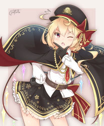 Rule 34 | 1girl, alternate costume, belt, belt buckle, black cape, black gloves, black hat, black skirt, blonde hair, blush, bow, brown background, brown belt, buckle, cape, coreytaiyo, crystal, dated, dress shirt, fang, flandre scarlet, flying sweatdrops, frilled skirt, frills, gloves, hair between eyes, hair ornament, hair ribbon, hand on own hip, hat, hat bow, highres, long hair, long sleeves, military, military hat, military uniform, multicolored cape, multicolored clothes, one-piece swimsuit, one eye closed, open mouth, peaked cap, pleated skirt, red bow, red cape, red eyes, red ribbon, ribbon, shirt, signature, skirt, solo, swimsuit, touhou, two-tone background, uniform, white shirt, wings, x hair ornament