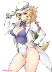 Rule 34 | 1girl, alternate costume, armlet, blonde hair, blue eyes, blue vest, bowser logo, bowsette, bracelet, breasts, cleavage, coattails, commentary, earrings, fang, ge-b, gender request, genderswap, grin, hair between eyes, hand on headwear, hand on own hip, hat, highres, horns, jacket, jewelry, large breasts, leotard, mario (series), new super mario bros. u deluxe, nintendo, smile, solo, spiked armlet, spiked bracelet, spiked shell, spiked tail, spikes, super mario odyssey, tail, thighs, top hat, transformation, turtle shell, twitter username, vest, white hat, white jacket, white leotard