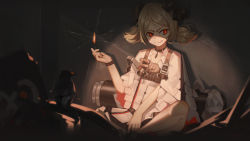 Rule 34 | 1girl, arknights, bird, black choker, blonde hair, bracelet, choker, commentary, fire, horns, id card, ifrit (arknights), jacket, jewelry, looking at viewer, on ground, orange eyes, pen liangshui po ya po, rhine lab logo, short hair, sitting, smile, solo, twintails