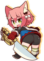 Rule 34 | 1girl, 7th dragon, 7th dragon (series), animal ear fluff, animal ears, ass, blush, fang, fighter (7th dragon), full body, gloves, green eyes, harukara (7th dragon), holding, holding sword, holding weapon, looking at viewer, naga u, pink hair, red gloves, short hair, smile, solo, sword, weapon
