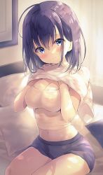 Rule 34 | 1girl, amedamacon, bad id, bad twitter id, black hair, black shorts, blue eyes, blush, breasts, cleavage, closed mouth, clothes lift, commentary request, crop top, curtains, hair between eyes, highres, indoors, lifted by self, medium breasts, midriff, navel, on bed, original, pillow, shirt, shirt lift, short shorts, shorts, solo, white shirt