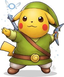 Rule 34 | absurdres, artist name, belt, boomerang, boots, brown belt, brown footwear, clothed pokemon, cosplay, creatures (company), crossover, game freak, gen 1 pokemon, green headwear, green tunic, halterneck, hat, highres, holding, holding weapon, link, link (cosplay), looking at viewer, navi, nintendo, no humans, pikachu, pokemon, pokemon (creature), ry-spirit, simple background, sword, the legend of zelda, transparent background, weapon, weapon on back
