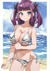 Rule 34 | 1girl, beach, bikini, black ribbon, blue eyes, blue sky, breasts, cleavage, cloud, commentary request, contrail, day, hair ribbon, highres, horizon, large breasts, looking at viewer, ocean, original, outdoors, purple hair, ribbon, shiny clothes, side-tie bikini bottom, silver bikini, sky, smile, solo, swimsuit, two side up, ushiki yoshitaka
