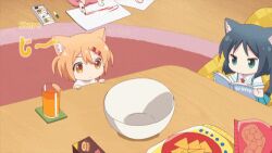 Rule 34 | 2girls, animal ears, animated, animated gif, anime screenshot, bowl, cat ears, cat girl, cat tail, drink, in bowl, in container, lowres, maa (nyanko days), multiple girls, nyanko days, rou (nyanko days), screencap, spilling, tail