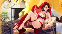 Rule 34 | 1girl, 504 gateway, absurdres, anklet, arizona (azur lane), arizona (enchantress from afar) (azur lane), arm support, azur lane, barefoot, black hair, blue eyes, bonsai, bra, bracelet, breasts, choker, cleavage, earrings, feet, highres, jewelry, knees up, large breasts, legs, lingerie, long hair, looking at viewer, navel, on bed, pendant choker, pillow, plantar flexion, red bra, red choker, red veil, single earring, solo, stomach, thigh strap, thighs, toenails, toes, underwear