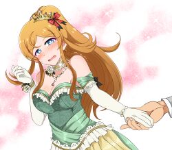 Rule 34 | 1girl, 1other, absurdres, blonde hair, blush, breasts, choker, cleavage, commentary request, cowboy shot, dress, dutch angle, elbow gloves, flower choker, gloves, gold choker, green dress, hair ribbon, highres, idolmaster, idolmaster million live!, idolmaster million live! theater days, jewelry, johnshinjiro, lace-trimmed choker, lace trim, medium breasts, necklace, official alternate hairstyle, ponytail, red ribbon, ribbon, shinomiya karen, sidelocks, solo, strapless, strapless dress, sweat, tiara, trembling, wavy mouth, white gloves, wrist flower