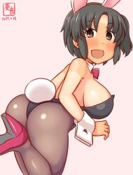 Rule 34 | 1girl, alternate costume, animal ears, artist logo, ass, back, bare shoulders, black hair, black leotard, blush, bow, bowtie, breasts, brown pantyhose, detached collar, fake animal ears, gradient background, kanon (kurogane knights), kantai collection, large breasts, leotard, looking at viewer, nagara (kancolle), one-hour drawing challenge, open mouth, pantyhose, pink background, playboy bunny, rabbit ears, rabbit tail, short hair, smile, solo, standing, standing on one leg, strapless, strapless leotard, tail, traditional bowtie, wrist cuffs