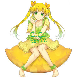 Rule 34 | 1girl, ankle cuffs, anklet, barefoot, blonde hair, breasts, c.c. lemon, c.c. lemon (character), can, cleavage, feet, food, fruit, full body, gradient hair, green eyes, green hair, hair ornament, jewelry, komase (jkp423), lemon, long hair, matching hair/eyes, multicolored hair, simple background, sitting, smile, solo, twintails, white background