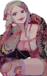 Rule 34 | 1girl, absurdres, black jacket, breasts, cleavage, collarbone, commentary, eyelashes, eyelid piercing, feet out of frame, frilled shirt, frilled thighhighs, frills, fur-trimmed jacket, fur trim, green hat, hat, head rest, highres, jacket, jewelry bonney, lipstick, long hair, looking at viewer, makeup, medium breasts, off-shoulder shirt, off shoulder, one piece, open clothes, open jacket, open mouth, orange shorts, orange thighhighs, patterned clothing, patterned hair, piercing, pink hair, pink lips, pink shirt, purple eyes, shirt, short shorts, shorts, simple background, sitting, smile, solo, suspender shorts, suspenders, thighhighs, thighs, v-shaped eyebrows, white background, yadu nadu